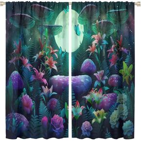 Mysterious Mushroom Forest Curtains, Vintage Fairy Tale Magic Forest Watercolor Painting for Child, Blackout Rod Pocket Window Treatments for Living Room Bedroom Bathroom42x45 Inch