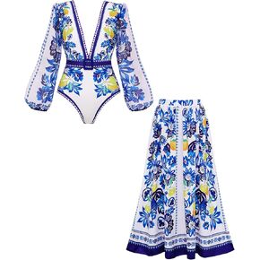 FLAXMAKER Women One Piece Long Sleeve Deep V Neck Grapes Print Long Sleeve Padded Swimsuit Two Piece Swimwear Bathing Suits