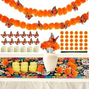 83pcs Dia De Los Muertos Decorations Ofrenda Kit - Day of The Dead Altar Decor Set,2 Marigold Garland 30 Marigold Flowers & Stems,Table Runner,12 Monarch Butterfly 6 Candle (Table Runner-Flower)
