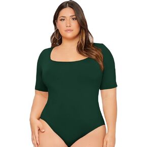 OYOANGLE Women's Plus Size Basic Short Sleeve Bodysuit Scoop Neck T Shirts Bodysuit Dark Green 3XL