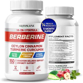 Berberine 14,000mg 14-in-1 Supplement with Ceylon Cinnamon Apple Cider Vinegar Turmeric Bitter Melon Holy Basil Milk Thistle Fenugreek Gymnema Banaba - Made in The USA