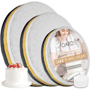 9 Pack Cake Drums in 3 Sizes (8, 10, 12 Inch) & in 3 Colors (Silver, Black, Gold) | 1/2" Thick Cake Rounds, Sturdy & Greaseproof | Free Prop Up Tools | Perfect For Heavy/Tiered Cakes