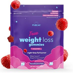 Pure AF True Weight Loss Gummies, Sugar Free, Night Time Fat Burner & Sleep Support, Appetite Suppressant, Natural Raspberry Flavor, 60 Count