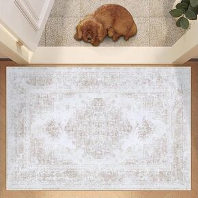 Area Rug 6x9 Living Room Rug, Machine Washable Vintage Distressed Medallion Rug Non-Slip Soft Low Pile Large Indoor Rugs for Bedroom Kitchen Dining Room Office(LightGrey,6'x9')
