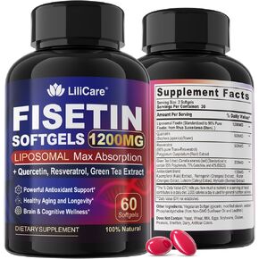Fisetin Supplement - Liposomal Super Absorption 98% Pure 1200mg Fisetin with Quercetin, Resveratrol, Green Tea Extract for Healthy Aging and Longevity, Skin Health, Brain & Antioxidant - 60 Softgels