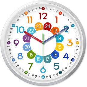 XFM Learning Clock Battery Operated 8 Inch - Plastic Small Wall Clock Silent - Colorful Clocks for Bedrooms - Telling Time Teaching Clock for Kids - Analog Clock for Kids Learning