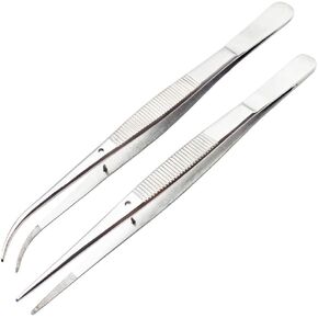 JKJF Stainless Steel Tweezer with Precision Serrated Tips and Positioning Straight and Curved Tweezers for Cooking Repairing Surgical Medical Beauty - 6.3 Inch 2PCS