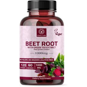 Beetroot Powder Capsules (120 Capsules) - Beetroot Capsules 1000 mg | Made with Organic Green Tea & Red Spinach Extract | GMO Free, Gluten Free, Vegan | 60 Days Supply