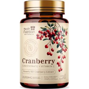 Cranberry Pills 50:1 Concentrate Extract + Vitamin C - 25,000mg High Potency Formula - Supports Urinary Tract Health, Non-GMO, Gluten-Free, Natural Cranberry Supplement for Women & Men - 120 Capsules