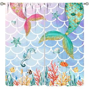 Mermaid Curtains for Kids Girls Bedroom,Cute Fantasy Ocean Animal Starfish Rainbow Design Window Treatments for Baby Nursery Living Room Study Window Drapes 2 Panels Set,Total Size 42" x 45"