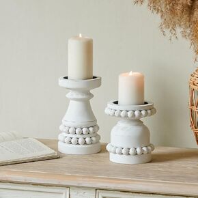 مجموعة حوامل شموع من الخشب الصلب المطرزة بالخرز من NIKKY HOME مكونة من 2، قاعدة شموع خشبية على شكل عمود روسيتك، ديكور قطعة مركزية لطاولة الموقد، باللون الأبيض المتعثر in Kuwait