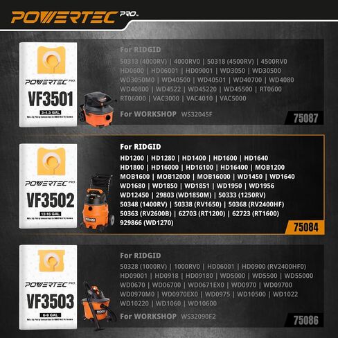 أكياس فراغ POWERTEC PRO Premium Shop للفوضى الرطبة وحطام الغبار الجاف 2PK، لأكياس مرشح Ridgid VF3702 VF3502 23743 مقاس 12-16 جالون A، أكياس استبدال المكنسة الكهربائية لـ Ridgid HD1200، HD1400 (75084) in Saudi Arabia