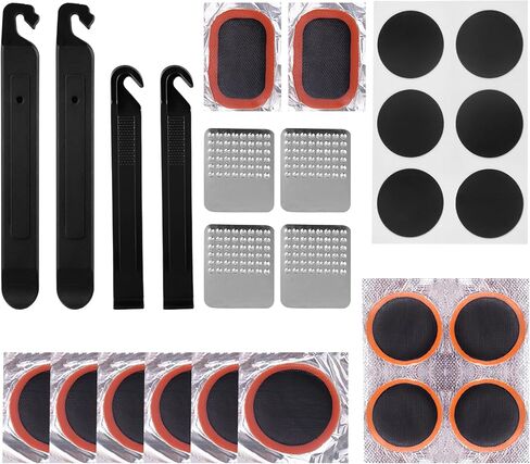 طقم إصلاح إطارات الدراجة، طقم إصلاح الإطارات 21 قطعة، بما في ذلك 4 قطع أذرع من الفولاذ المقاوم للصدأ، 4 قطع من شفرات الإطارات، 6 قطع من مجموعات تصحيحات الأنبوب بدون غراء، 12 قطعة من رقع الفلكنة مع صندوق تخزين محمول in Kuwait