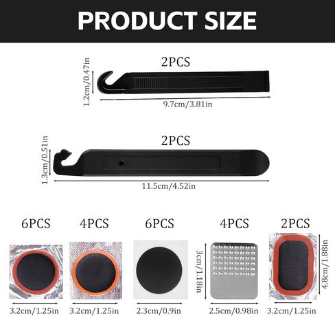 طقم إصلاح إطارات الدراجة، طقم إصلاح الإطارات 21 قطعة، بما في ذلك 4 قطع أذرع من الفولاذ المقاوم للصدأ، 4 قطع من شفرات الإطارات، 6 قطع من مجموعات تصحيحات الأنبوب بدون غراء، 12 قطعة من رقع الفلكنة مع صندوق تخزين محمول in Kuwait