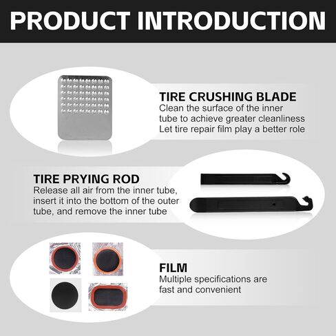 طقم إصلاح إطارات الدراجة، طقم إصلاح الإطارات 21 قطعة، بما في ذلك 4 قطع أذرع من الفولاذ المقاوم للصدأ، 4 قطع من شفرات الإطارات، 6 قطع من مجموعات تصحيحات الأنبوب بدون غراء، 12 قطعة من رقع الفلكنة مع صندوق تخزين محمول in Kuwait