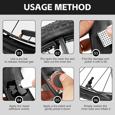 طقم إصلاح إطارات الدراجة، طقم إصلاح الإطارات 21 قطعة، بما في ذلك 4 قطع أذرع من الفولاذ المقاوم للصدأ، 4 قطع من شفرات الإطارات، 6 قطع من مجموعات تصحيحات الأنبوب بدون غراء، 12 قطعة من رقع الفلكنة مع صندوق تخزين محمول in Kuwait