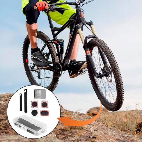 طقم إصلاح إطارات الدراجة، طقم إصلاح الإطارات 21 قطعة، بما في ذلك 4 قطع أذرع من الفولاذ المقاوم للصدأ، 4 قطع من شفرات الإطارات، 6 قطع من مجموعات تصحيحات الأنبوب بدون غراء، 12 قطعة من رقع الفلكنة مع صندوق تخزين محمول in Kuwait