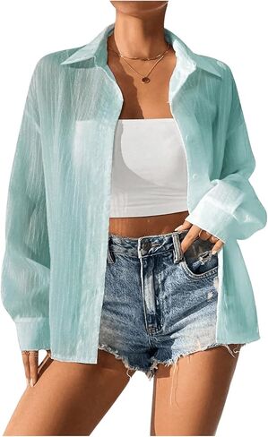 SweatyRocks Women's Long Sleeve Drop Shoulder Button Down Shirt Loose Fit Sheer Blouse Top in Saudi Arabia