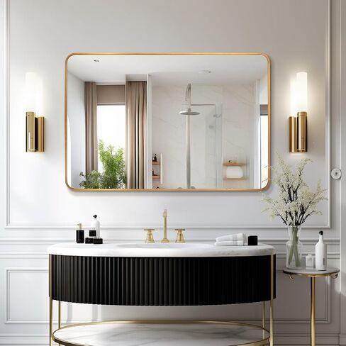 Large Wall Mirror 30x40 Bathroom Mirror, Black Metal Frame Rectangle Mirror with Round Corner, Modern Wall Mounted Vanity Mirror Hangs Horizontal or Vertical in Saudi Arabia