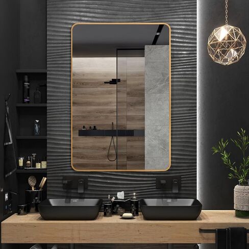 Large Wall Mirror 30x40 Bathroom Mirror, Black Metal Frame Rectangle Mirror with Round Corner, Modern Wall Mounted Vanity Mirror Hangs Horizontal or Vertical in Saudi Arabia
