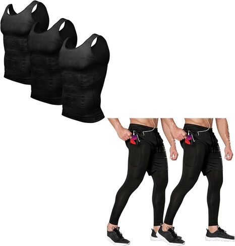 حزمة Odoland - قطعتان من قميص تنحيف الجسم المكون من 3 قطع للرجال وقميص فقدان الوزن وقميص رجالي مضغوط من قطعتين باللون الأسود، مقاس L in Kuwait