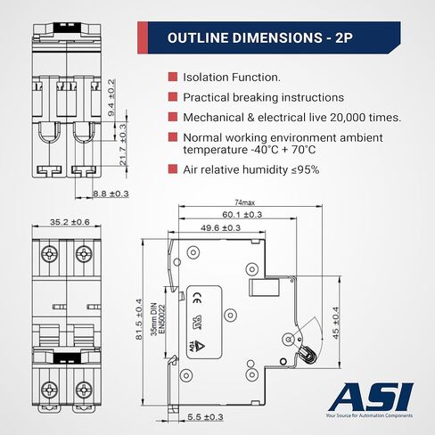 ASI AC Miniature Circuit Breaker - 2 Pole DIN Rail Mount 20 Amp 480 Volt Unit with Shock-Proof Terminations, Trip Curve C, L1, L2 and Neutral Single-Phase Circuits in Saudi Arabia