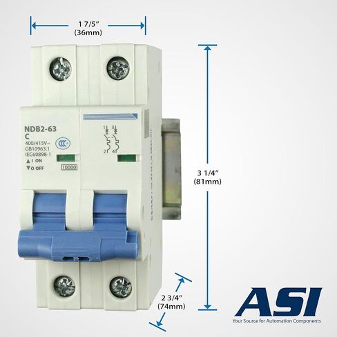 ASI AC Miniature Circuit Breaker - 2 Pole DIN Rail Mount 20 Amp 480 Volt Unit with Shock-Proof Terminations, Trip Curve C, L1, L2 and Neutral Single-Phase Circuits in Saudi Arabia