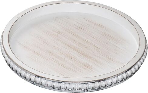 12in Round Decorative Tray 2 Pcs Rustic Wooden Serving Tray，White Beaded Tray Home Decor for Farmhouse Dinning Table, Kitchen Countertop, Coffee Table,Living Room in Saudi Arabia