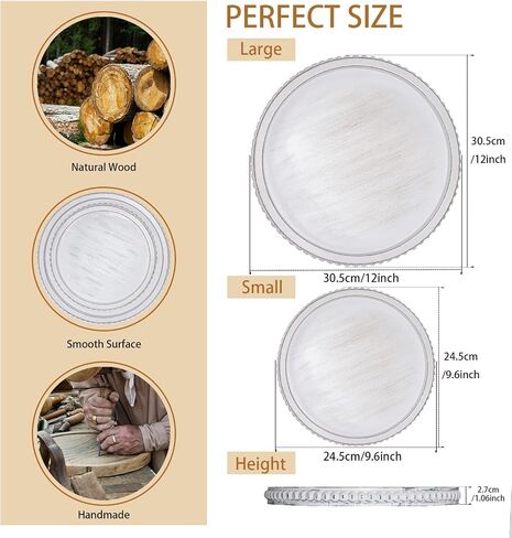 12in Round Decorative Tray 2 Pcs Rustic Wooden Serving Tray，White Beaded Tray Home Decor for Farmhouse Dinning Table, Kitchen Countertop, Coffee Table,Living Room in Saudi Arabia