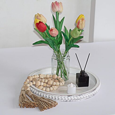 12in Round Decorative Tray 2 Pcs Rustic Wooden Serving Tray，White Beaded Tray Home Decor for Farmhouse Dinning Table, Kitchen Countertop, Coffee Table,Living Room in Saudi Arabia