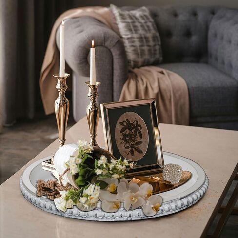 12in Round Decorative Tray 2 Pcs Rustic Wooden Serving Tray，White Beaded Tray Home Decor for Farmhouse Dinning Table, Kitchen Countertop, Coffee Table,Living Room in Saudi Arabia
