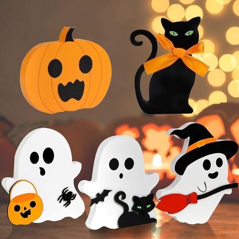 Halloween Decorations Indoor Cute Ghost: 5pcs Wooden Decor Tray Tiered on Table - Home Kitchen Pumpkin Sign in Kuwait
