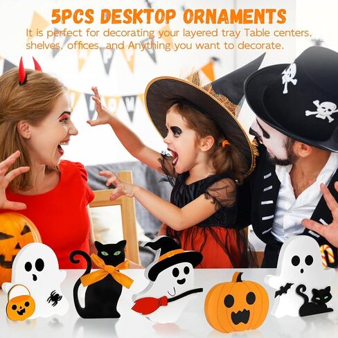 Halloween Decorations Indoor Cute Ghost: 5pcs Wooden Decor Tray Tiered on Table - Home Kitchen Pumpkin Sign in Kuwait