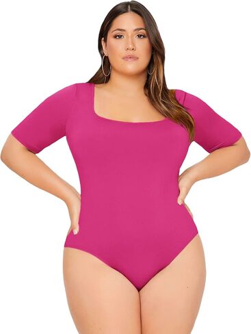 OYOANGLE Women's Plus Size Basic Short Sleeve Bodysuit Scoop Neck T Shirts Bodysuit Dark Green 3XL in Saudi Arabia