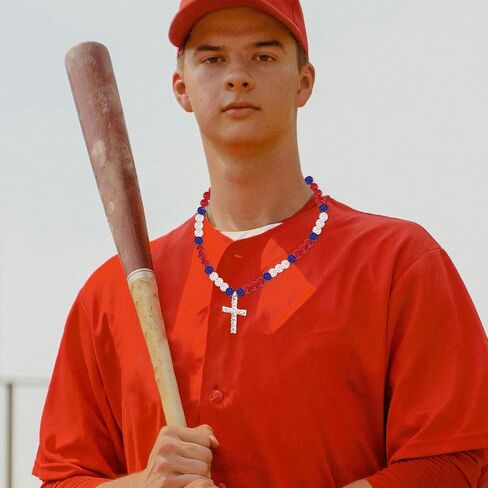 Beaded Baseball Necklace, 16in Baseball Rhinestone Necklace with Cross Pendant Adjustable Bead Chain Necklaces Baseball Accessories Drip Necklace for Baseball Lovers in Saudi Arabia