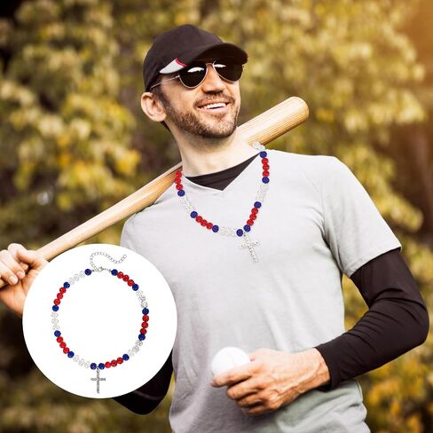 Beaded Baseball Necklace, 16in Baseball Rhinestone Necklace with Cross Pendant Adjustable Bead Chain Necklaces Baseball Accessories Drip Necklace for Baseball Lovers in Saudi Arabia