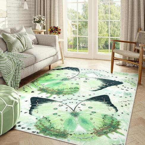 Butterfly Green Area Rugs 5x7, Machine Washable Carpet for Living Room Ultra-Thin Non Slip Rug for Bedroom, Modern Insect Print Area Rug for Nursery Office Play Room Classroom in Saudi Arabia