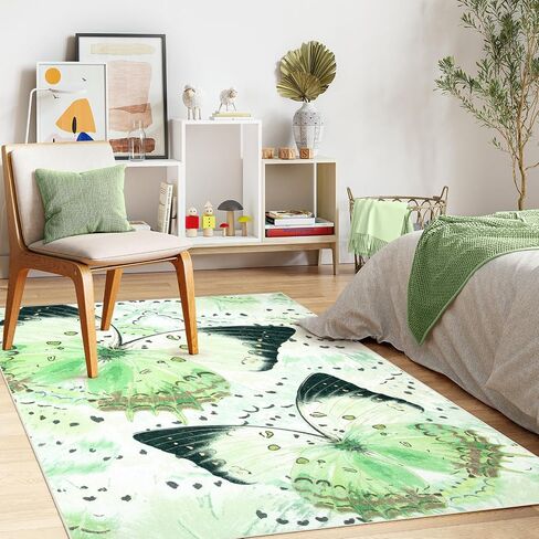Butterfly Green Area Rugs 5x7, Machine Washable Carpet for Living Room Ultra-Thin Non Slip Rug for Bedroom, Modern Insect Print Area Rug for Nursery Office Play Room Classroom in Saudi Arabia