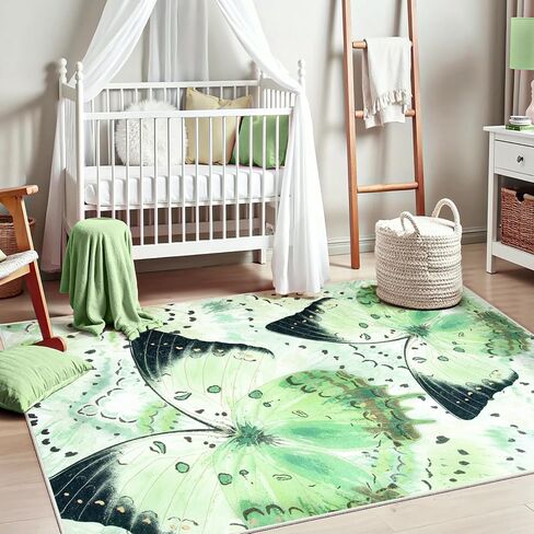 Butterfly Green Area Rugs 5x7, Machine Washable Carpet for Living Room Ultra-Thin Non Slip Rug for Bedroom, Modern Insect Print Area Rug for Nursery Office Play Room Classroom in Saudi Arabia