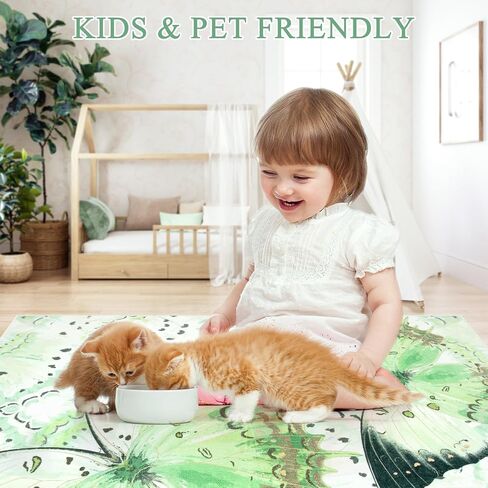 Butterfly Green Area Rugs 5x7, Machine Washable Carpet for Living Room Ultra-Thin Non Slip Rug for Bedroom, Modern Insect Print Area Rug for Nursery Office Play Room Classroom in Saudi Arabia