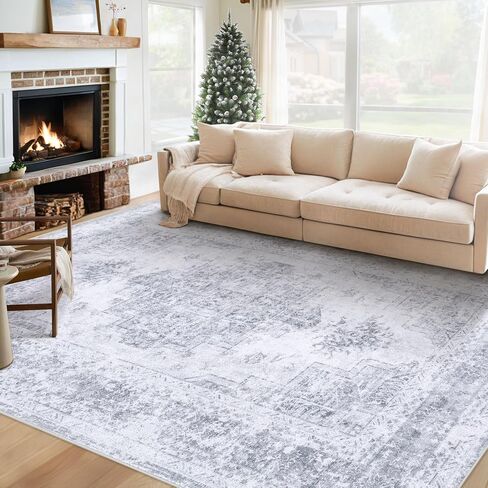 Area Rug 6x9 Living Room Rug, Machine Washable Vintage Distressed Medallion Rug Non-Slip Soft Low Pile Large Indoor Rugs for Bedroom Kitchen Dining Room Office(LightGrey,6'x9') in Saudi Arabia