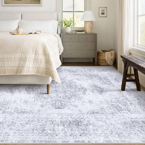 Area Rug 6x9 Living Room Rug, Machine Washable Vintage Distressed Medallion Rug Non-Slip Soft Low Pile Large Indoor Rugs for Bedroom Kitchen Dining Room Office(LightGrey,6'x9') in Saudi Arabia