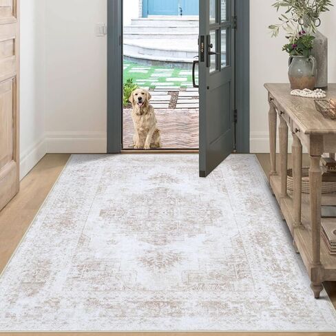 Area Rug 6x9 Living Room Rug, Machine Washable Vintage Distressed Medallion Rug Non-Slip Soft Low Pile Large Indoor Rugs for Bedroom Kitchen Dining Room Office(LightGrey,6'x9') in Saudi Arabia