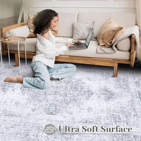 Area Rug 6x9 Living Room Rug, Machine Washable Vintage Distressed Medallion Rug Non-Slip Soft Low Pile Large Indoor Rugs for Bedroom Kitchen Dining Room Office(LightGrey,6'x9') in Saudi Arabia