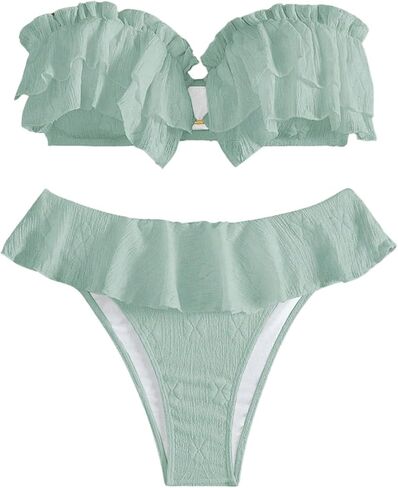 SHENHE Women's 2 Pieces Bandeau Bikini Set O Ring Strapless Ruffle Swimsuit Bathing Suits in Kuwait