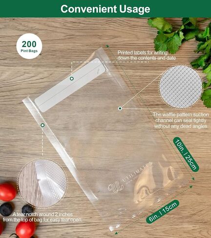 Pint Vacuum Sealer Bags for Food, 6x10 Inch with Label Area, 200 in Kuwait