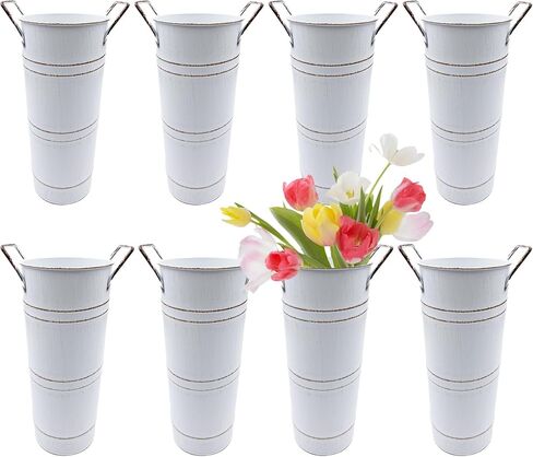 Galvanized Flower Bucket 8 Pcs Rustic Floral Metal Vases with Handles for Home Wedding Table Centerpiece Decor (White, 9 Inch) (Black) in Saudi Arabia