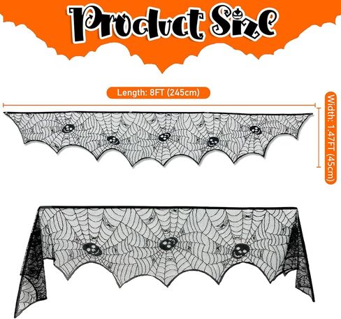 OurWarm زينة الهالوين جمجمة شبكة العنكبوت، غطاء مدفأة الهالوين من الدانتيل الأسود على شبكة العنكبوت، وشاح وشاح عباءة الهالوين من نسيج العنكبوت لديكور رف الهالوين لوازم حفلات الهالوين 21 × 79 بوصة in Kuwait