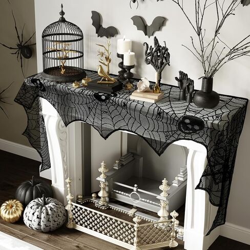 OurWarm زينة الهالوين جمجمة شبكة العنكبوت، غطاء مدفأة الهالوين من الدانتيل الأسود على شبكة العنكبوت، وشاح وشاح عباءة الهالوين من نسيج العنكبوت لديكور رف الهالوين لوازم حفلات الهالوين 21 × 79 بوصة in Kuwait