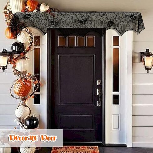 OurWarm زينة الهالوين جمجمة شبكة العنكبوت، غطاء مدفأة الهالوين من الدانتيل الأسود على شبكة العنكبوت، وشاح وشاح عباءة الهالوين من نسيج العنكبوت لديكور رف الهالوين لوازم حفلات الهالوين 21 × 79 بوصة in Kuwait